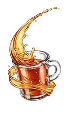 Dynamic splash of amber liquid from a clear glass mug.