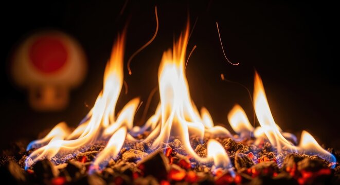 A vibrant blaze dances with orange and blue flames rising from glowing embers. A distant, blurred circular shape with red and white detail adds intrigue. Dark background intensifies the light - Powered by Adobe