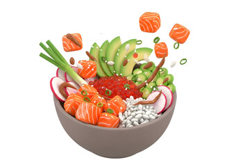 Delicious and vibrant poke bowl with fresh salmon avocado and radish.