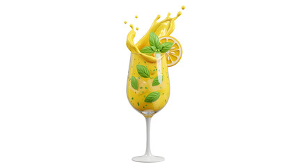 Refreshing yellow drink with a splash mint leaves and lemon slice in a tall glass.