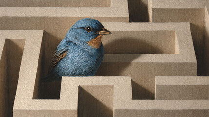 A blue bird is perched in a complex maze crafted from beige material, showcasing a unique blend of art and nature in a clever setting. The scene offers a whimsical challenge.