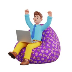 3D Man celebrating success while working on a laptop on a beanbag chair