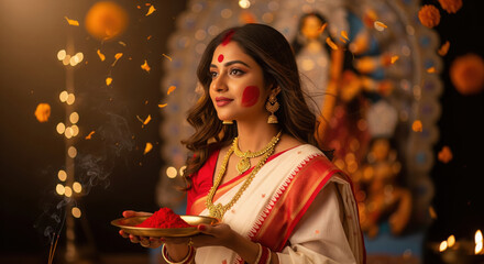 Woman in Saree Holds Red Powder During Festival Celebration indian tradition
