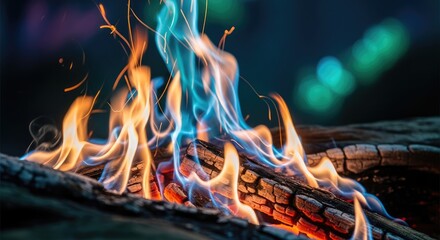 Close-up of vibrant campfire flames dancing on charred wood, with a blurred, colorful bokeh background suggesting evening ambiance. The flames display fiery orange and cool blue tones