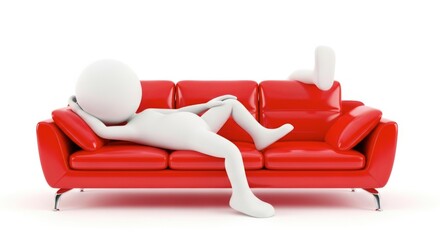 Relaxed 3d character lounging on a vibrant red sofa