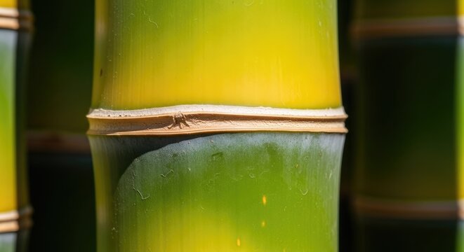 Close-up of vibrant bamboo stalks, displaying bands of green and yellow with a textural, segmented appearance. Sunlight illuminates the smooth, cylindrical surfaces