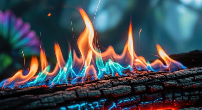 Close-up of vibrant flames burning on charred wood, with soft-focus foliage in the background creating an ethereal ambiance. Colors of blue, orange, and red ignite - Powered by Adobe