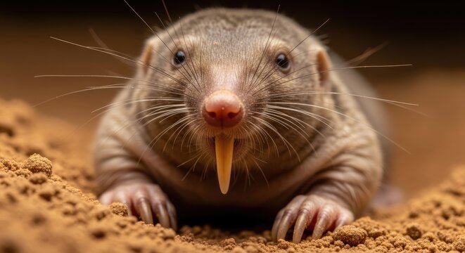 A close-up portrait of a rodent-like creature, likely a burrowing animal, with prominent, large incisors. It sits amidst loose, earthen substrate, with a curious and direct gaze