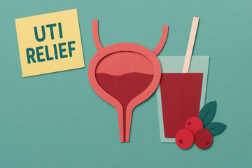 Paper cut urinary bladder and cranberry drink illustration for UTI relief. helpful healthcare awareness concept showing holistic remedy on green blue background with sticky note