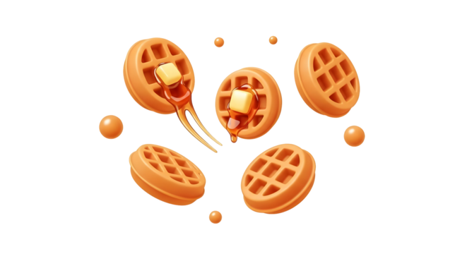 Delicious golden waffles with melting butter and syrup.