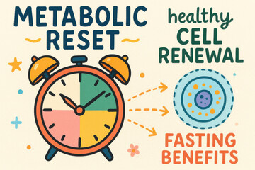 Playful metabolic reset graphic with colorful clock showing fasting benefits. This visual concept for healthy cell renewal promotes wellness and rejuvenation through diet plan