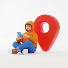 Person with phone next to giant red location pin