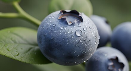 Closeup of fresh blueberries with water droplets on leaves.