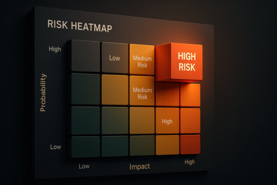 Professional risk heatmap panel with dramatic lighting on critical high risk segment. probability vs impact grid concept for analysis and corporate resilience and planning