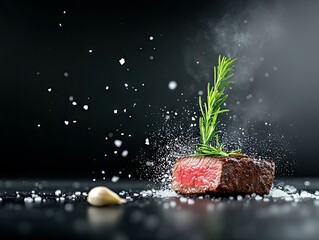 A perfectly cooked steak, seasoned with rosemary and sea salt, with a clove of garlic nearby, presented against a dark, moody background.