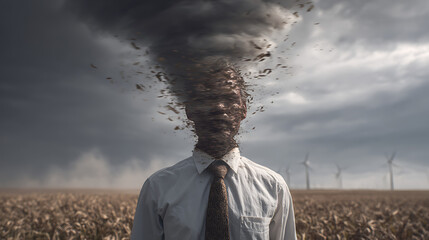A man stands calmly in a cornfield under a dark, stormy sky. His head appears to dissolve into swirling particles, creating a surreal effect. Wind turbines are visible in the background.