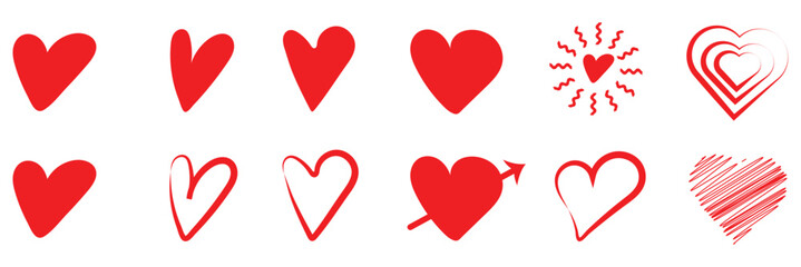 Heart doodles, decorative hearts line art, heart illustration borde, love symbol collection, isolated on white background