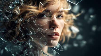 A woman with curly hair looks directly at the camera, surrounded by fragments of shattered glass, conveying strength and emotion in a dramatic atmosphere.