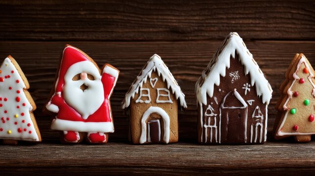Festive Christmas gingerbread cookies shaped as Santa, houses, and trees with colorful icing on wooden background