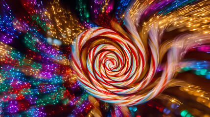 A vibrant candy swirl is showcased in the center, surrounded by bright, colorful lights, creating a cheerful and festive mood perfect for the holiday season.