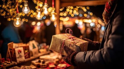 Person holding wrapped gift with string at festive night market with warm lights