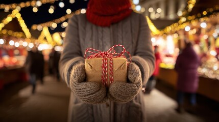 Person in winter clothing holding a wrapped gift at a festive holiday market with warm lights