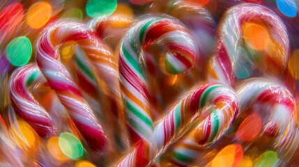 Bright candy canes with red and green stripes sit in a festive scene filled with colorful lights. Their twisting shapes create a joyful holiday atmosphere, perfect for celebration.