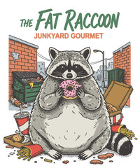 The Fat Raccoon Junkyard Gourmet Mascot Design Eating a Donut and Fast Food in a City Alley - Retro Vector Art © Tri