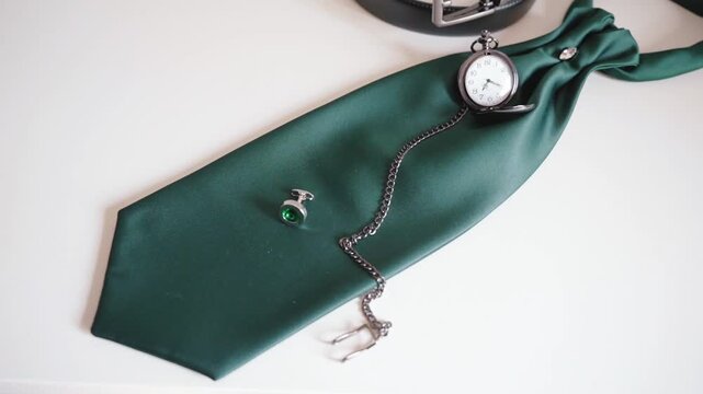 neatly arranged emerald green tie displayed with a matching green cufflink and a vintage pocket watch on a white surface