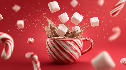 A festive scene unfolds with a striped red cup overflowing with rich hot chocolate. Marshmallows leap into the drink, creating a fun splash against a vibrant red background.