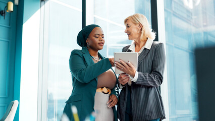 Tablet, business people and lawyer in office with discussion for advocacy, legal case and manager...