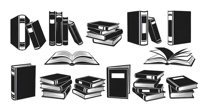 Set of black and white silhouette book icons in different stacks and open positions - Powered by Adobe