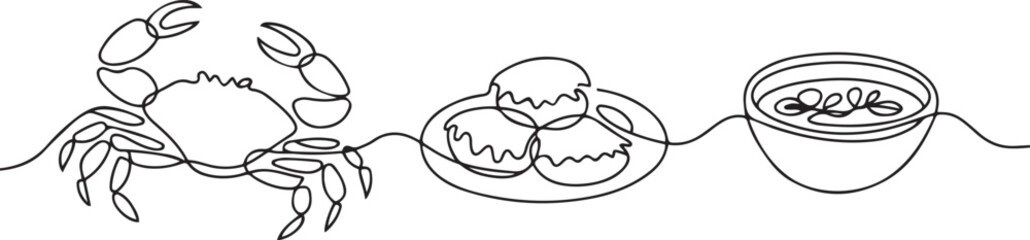 Continuous line design of crab dishes. one line Icon drawing with white background © firoz