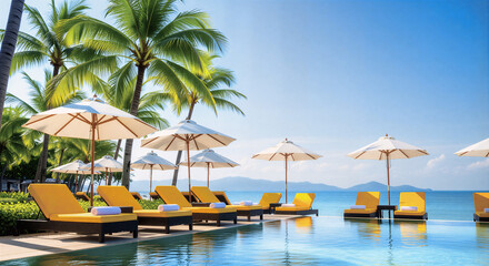 Luxury Oceanfront Resort Pool with Sun Loungers and Palm Trees