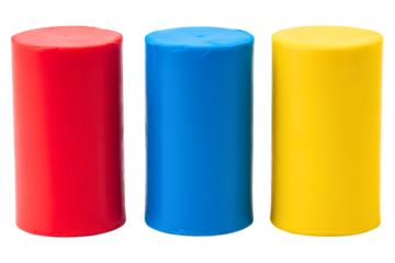 Primary colored cylinders of modeling clay for kids isolated on a transparent background