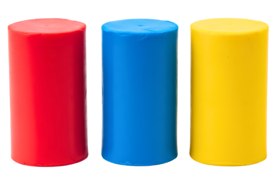 Primary colored cylinders of modeling clay for kids isolated on a transparent background