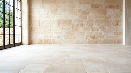 An empty room with a large stone wall, a light-colored stone tile floor, and a tall window with a view of trees.