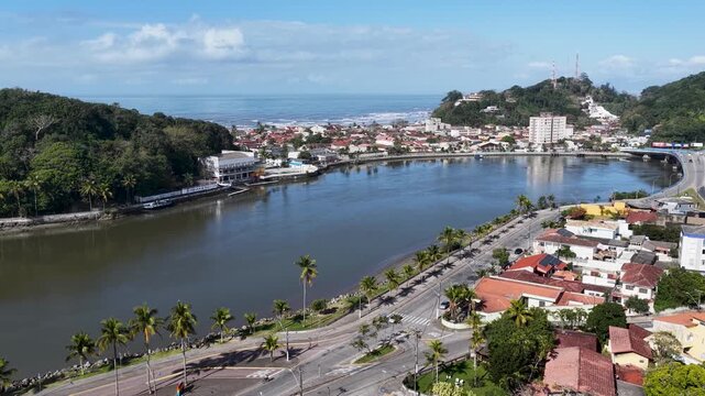 Central Beach At Itanhaem In Sao Paulo Brazil. Beach Skyline. Downtown Cityscape. Summer Travel. Central Beach At Itanhaem In Sao Paulo Brazil. Seascape Scenery.