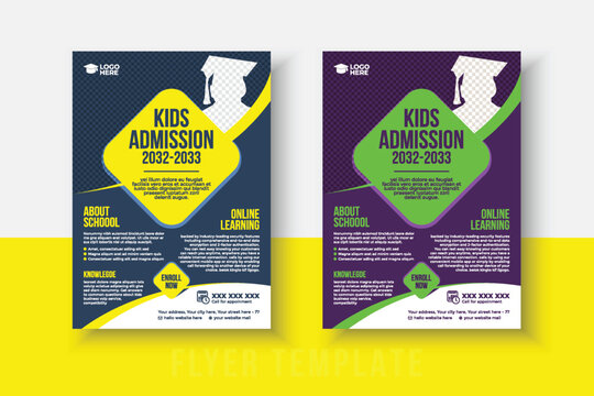 kids school admission flyer template. Flyer brochure cover template for Kids back to school education admission layout design. Creative and modern kids admission education poster, brochure layout.