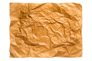 Crumpled and wrinkled brown wrapping paper texture element isolated on a transparent background