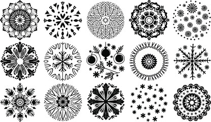 Intricate Geometric Star-Shaped Line Art Motifs in Elegant Black and White Decorative Pattern