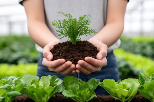 Hands holding young plant in organic soil