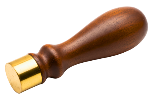 Traditional turned wood handle with a polished brass ferrule isolated on a transparent background