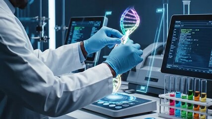 Scientist in Lab Coat Analyzing Digital DNA Strand Displaying Genetic Research for Scientific Discovery