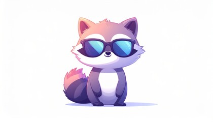 Fototapeta premium Cartoon colorful raccoon with sunglasses on white background