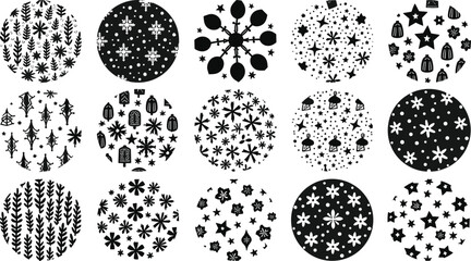 Round Decorative Motif Collection with Intricate Black and White Shapes in Detailed Pattern Set