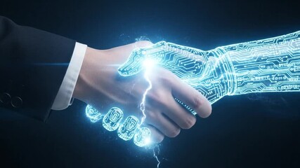 Digital handshake connecting human and artificial intelligence in business agreement - Powered by Adobe