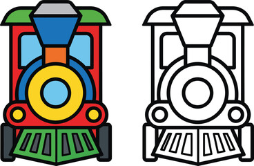 Fototapeta premium Colorful Cartoon Toy Train Engine and Black and White Line Art Version for Coloring.