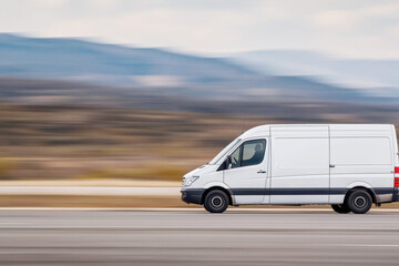 Fototapeta premium White cargo van driving on highway in motion