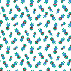 flat design pattern of alien character with a teal-green body, wearing a blue t-shirt and brown visor-like glasses with a pink stripe. The alien has a large head, small body, and simple, bold outlines